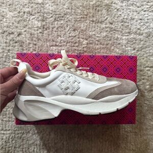Tory Burch Tan and White Sneakers with Mesh Upper